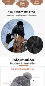 Winter knit beanie with faux fur pom and thick fleece lining, 55-60cm cap circumference