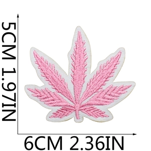 Pink maple leaf embroidered patch showing 5x6cm dimensions and fine thread texture