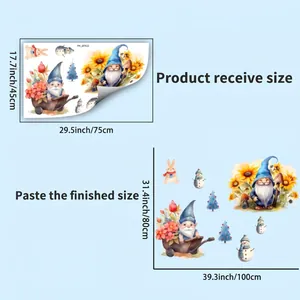Detailed size chart for Christmas wall stickers with Santa, snowman and sunflower motifs