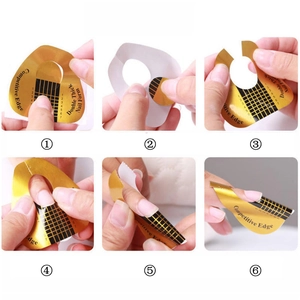 Step-by-step tutorial for applying golden self-adhesive nail extension forms with grid lines