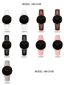 Detailed grid view showing nine minimalist quartz watches with various leather strap colors