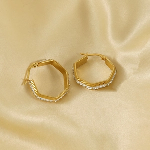 Hexagon Hoop Earrings 18K Gold Plated Stainless Steel Geometric Rhinestone Sparkling Elegant Minimalist Jewelry For Women