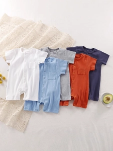 Baby Ribbed Cotton Romper Short Sleeve Button Up Bodysuit For Newborn Infants Summer Casual Clothing