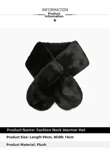 Detailed view of black plush scarf dimensions measuring 99cm long and 14cm wide