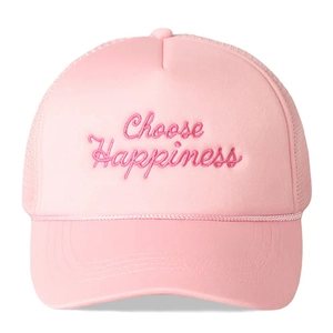 Close-up of pink trucker hat with 'Choose Happiness' embroidery and breathable mesh detail