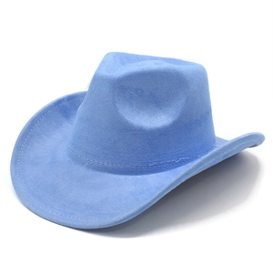 Detail of light blue faux suede western cowboy hat with reinforced stitching on the brim
