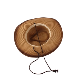 Brown woven wide-brim cowboy sun hat with adjustable windproof drawstring detail