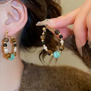 Bohemian large hoop earrings with tiger eye, pearls and cat-eye stone for women