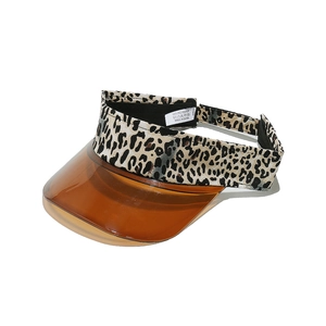 Detail of the leopard print strap and brown translucent brim on the adjustable sun visor