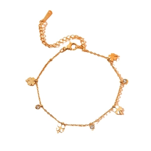 Golden stainless steel four-leaf clover bracelet with sparkling rhinestone pendants