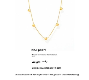 Detailed view of 18K gold plated titanium steel necklace with five solid heart pendants
