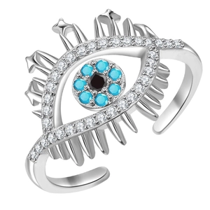 Anello regolabile in argento con occhio blu, zirconi e dettagli a ciglia