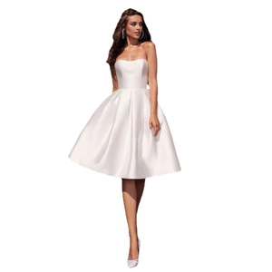 Elegant white strapless satin mini cocktail dress for weddings and evening parties