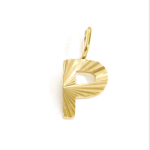 Detailed view of a gold stainless steel letter P pendant with sunburst texture engraving