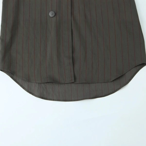 Women stripe shirt with high collar and asymmetric hem in dark green color