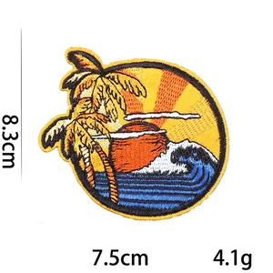 Tropical beach sunset embroidery patch with palm tree and waves, 8.3x7.5cm size