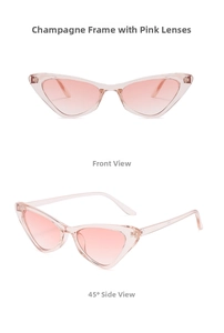 Occhiali da sole cat-eye champagne con lenti sfumate rosa, viste frontale e laterale