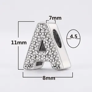 Silver letter A charm bead for bracelets, micro-paved with clear stones, 11x8mm size