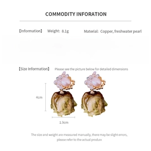 Detailed specs of 18k gold plated flower pearl earrings measuring 4cm by 1.9cm