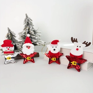 Plush Christmas hanging ornaments set featuring Santa, Reindeer, and Snowman with glitter stars