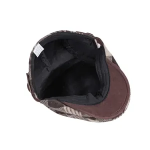 British style checkered newsboy cap in brown and gray wool blend with inner lining