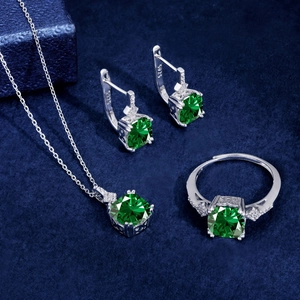 S925 sterling silver jewelry set featuring green square zircon necklace earrings and ring