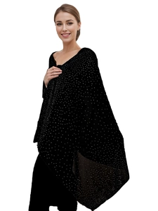 Elegant long black chiffon evening shawl with shimmering rhinestones on a model
