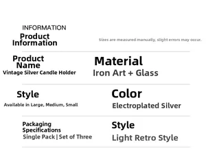Detailed specifications for silver iron and glass candle holders in vintage style