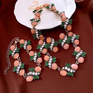 Vintage Palace Jewelry Resin Rhinestone Alloy Leaf Necklace Bracelet And Earrings With Silver Earring Post