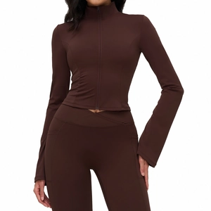 Deep chocolate yoga set featuring stand collar zip jacket and flared sleeve sports top