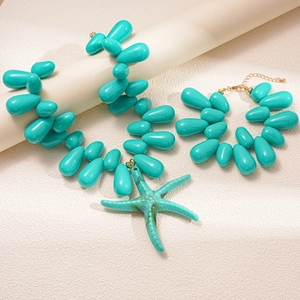 Turquoise acrylic bead necklace and bracelet set with starfish pendant and gold accents
