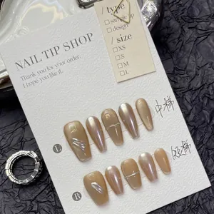 Handmade Press On Nails Metallic Mirror Cat Eye Champagne Nude Coffin Shape False Nails With Silver Relief Lines For Women