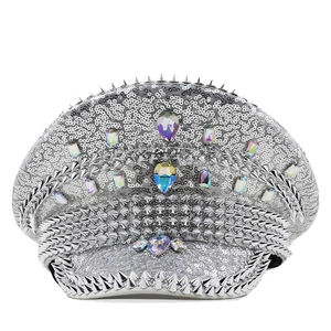 Chapeau militaire à paillettes argentées avec pointes métalliques et strass pour la fête