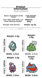 Detailed size chart for alloy snake badges showing weight and dimensions for each style