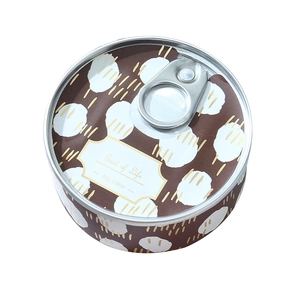 Top view of 80g tin candle with easy-open ring lid and brown polka dot patterns