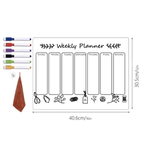 Detailed view of magnetic weekly planner board with markers and dimensions 12x16 inch