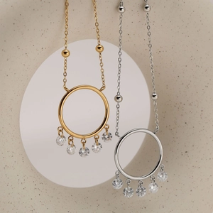 Stainless Steel Zircon Round Circle Dreamcatcher Pendant Necklace Beaded Chain Waterproof Jewelry For Women