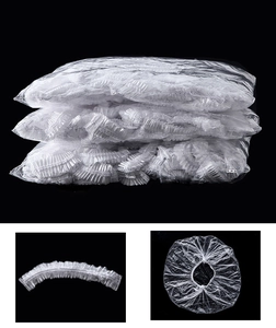 Disposable plastic shower caps set in bulk pack and expanded view on black background