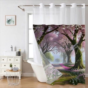 Waterproof Shower Curtain Polyester Waffle Weave 3D Digital Print Landscape Nature Cherry Blossom Decor Bathroom