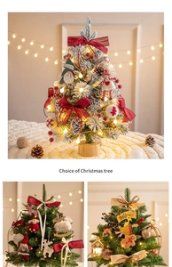 Detailed view of desktop snow-flocked mini Christmas trees with warm LED lights and ornaments