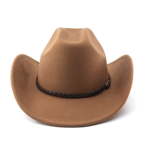 Close-up of brown felt cowboy hat featuring woven decorative band and metal stud details