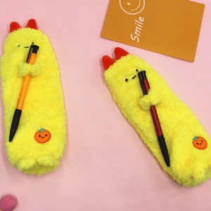 Cute yellow plush shrimp tempura pencil case and stationery storage bag on pink background