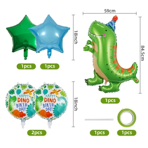 Detailed set of dinosaur party foil balloons with stars and T-Rex shapes for kids birthdays