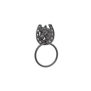 Vintage cast iron horseshoe towel holder with horse head carving on white background