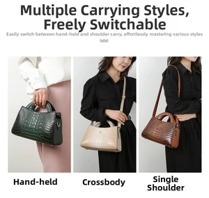 Three-way carry leather bag showing handbag, crossbody and shoulder styles with croc pattern