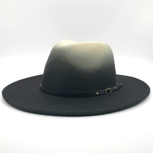Wide brim fedora hat with cream to black gradient color and black leather belt buckle
