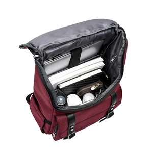 Internal view of a red oxford backpack showing spacious laptop and book compartments