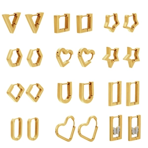 Geometric Hoop Earrings Stainless Steel Minimalist Heart Star Hexagon V-Shape Jewelry For Women Trendy Fashionable