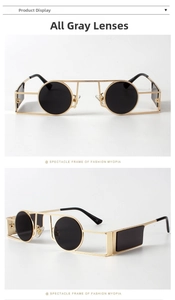 Steampunk gold metal sunglasses with round grey lenses and unique side shields detail
