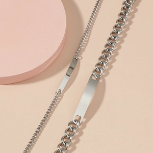 Minimalist silver stainless steel couple bracelets with engraved geometric bar plates